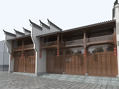 Ancient Chinese Architecture With Traditional Wooden Structure Carved Windows Overhanging Eaves And Red Lanterns 3d model