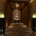 Zen Inspired Hotel Corridor With Wooden Walls Green Lit Lamps And Buddha Statue At End