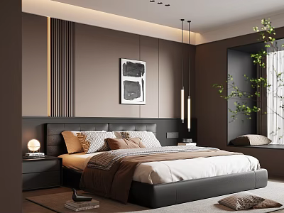 Modern Bedroom Interior With Dark Brown Walls Bed Decorative Paintings Pendant Lights And Green Plant 3d model