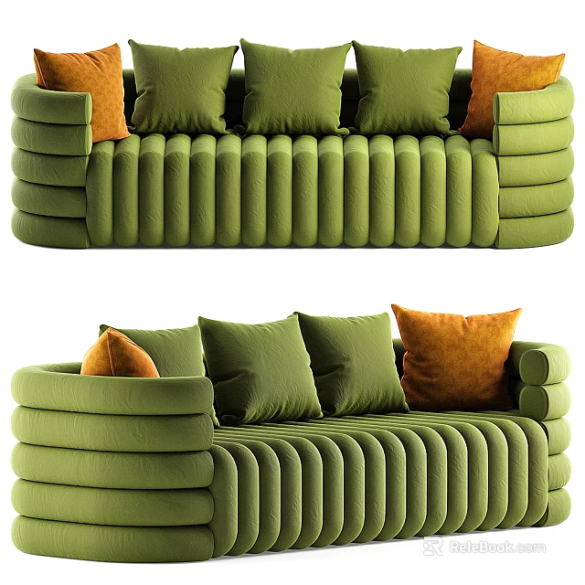 Modern Green Ribbed Sectional Sofa With Green And Orange Velvet Cushions 3d model 