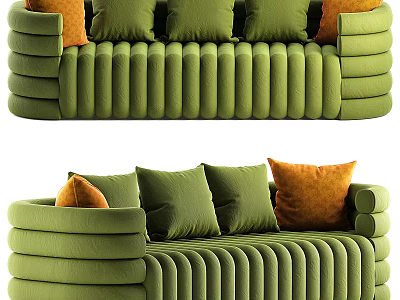 Modern Green Ribbed Sectional Sofa With Green And Orange Velvet Cushions 3d model