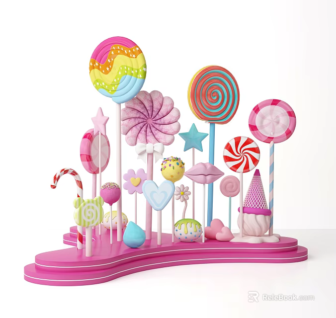 Colorful Candy Themed Window Display Decoration With Lollipops Stars Hearts And Pink Base 3d model 