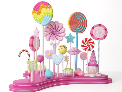 Colorful Candy Themed Window Display Decoration With Lollipops Stars Hearts And Pink Base 3d model
