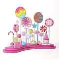 Colorful Candy Themed Window Display Decoration With Lollipops Stars Hearts And Pink Base