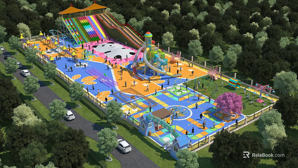 Vibrant Playground With Colorful Slides Play Equipment Trees And People Playing For Fun Outdoor Activities 3d model 
