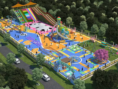 Vibrant Playground With Colorful Slides Play Equipment Trees And People Playing For Fun Outdoor Activities 3d model