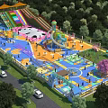 Vibrant Playground With Colorful Slides Play Equipment Trees And People Playing For Fun Outdoor Activities