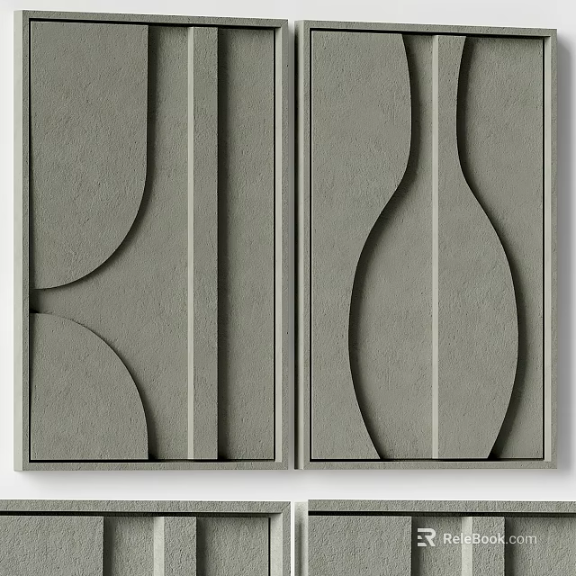 Gray Abstract Paintings With Curved And Geometric Shapes 3D Textured Surface In Modern Minimalist Style 3d model 