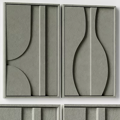 Gray Abstract Paintings With Curved And Geometric Shapes 3D Textured Surface In Modern Minimalist Style 3d model