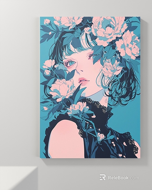 Portrait Painting of Woman with Curly Hair Pink White Flowers Teal Background Black Lace Top 3d model 