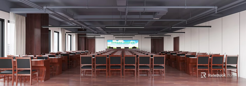 Conference Room with Wooden Chairs Long Tables Large Screen Wooden Flooring and Dark Ceiling 3d model 