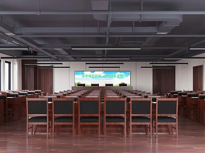 Conference Room with Wooden Chairs Long Tables Large Screen Wooden Flooring and Dark Ceiling 3d model