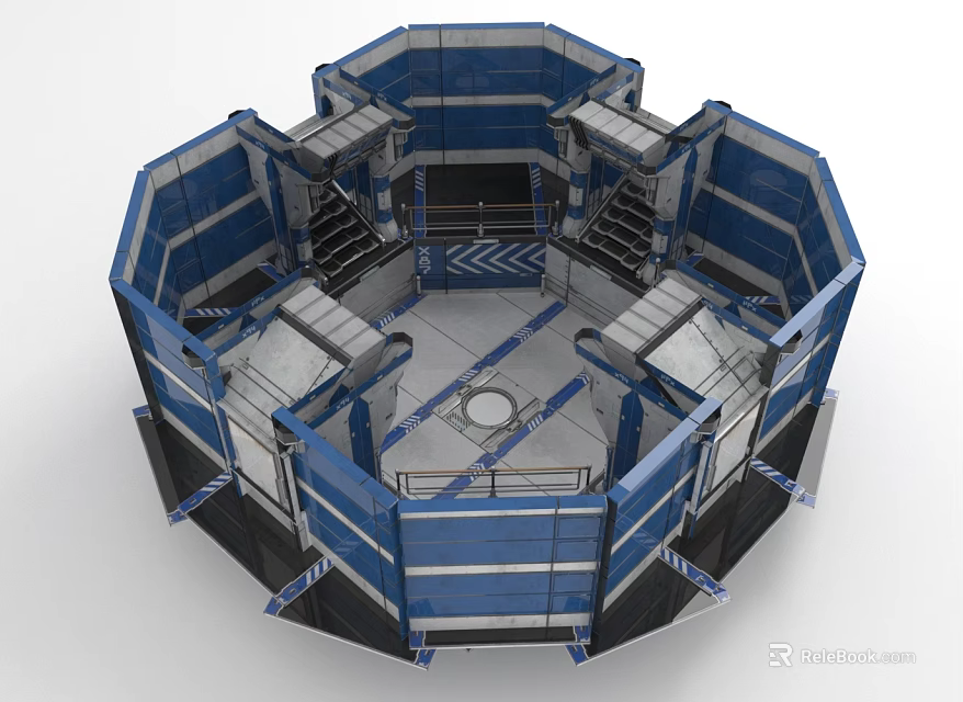 Cartoon Sci Fi Octagonal Control Room Scene With Blue Gray Interior And Console Stations 3d model 