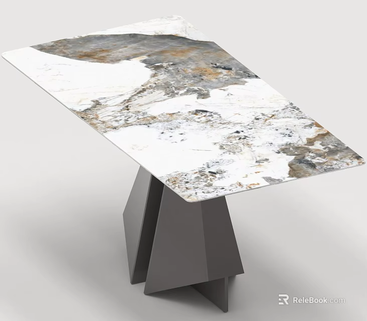 Dining Table Set With Marble Tabletop Featuring White Gray And Gold Veining And Geometric Base 3d model