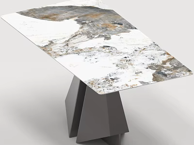Dining Table Set With Marble Tabletop Featuring White Gray And Gold Veining And Geometric Base 3d model