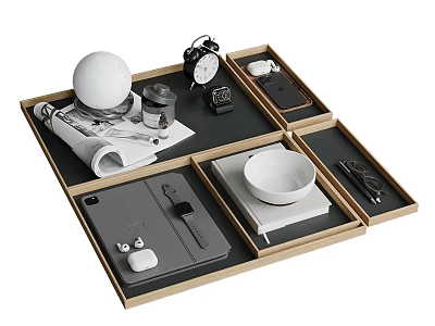 Modern Decorative Ornament Set With Divided Wooden Storage Tray And Small Items 3d model