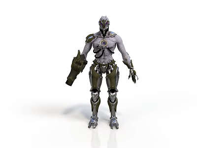 Sci-fi Style Cyborg Cyborg Standing Posture Metal Armor First Descendant Skull Weapon Mechanical Claw Purple Eyes Gray Green 3d model