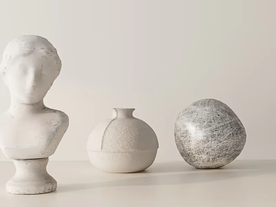 Minimalist White Decorative Ornament Set with Bust Sculpture Vase and Textured Spherical Decor 3d model