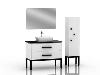 Modern White Bathroom Cabinet With Mirror Drawer Black Legs And Storage Cabinet 3d model
