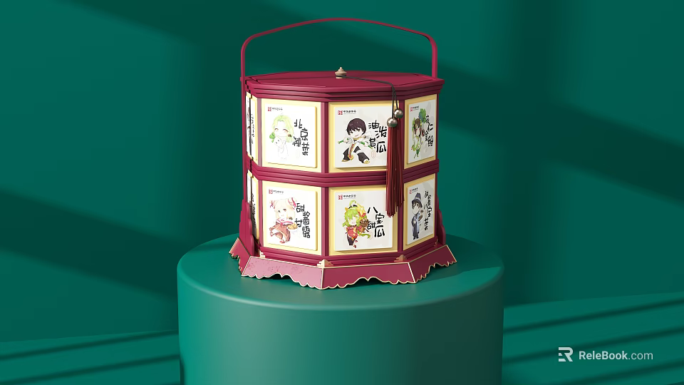 Red Hexagonal Handheld Decorative Box With Cute Cartoon Patterns For Home 3d model