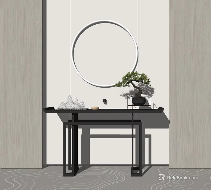 Minimalist Console Table With Circular Mirror Potted Plant And Decorative Details 3d model 