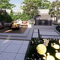 Courtyard Garden With Cozy Fire Pit Flames Lush Plants Flowers And Outdoor Seating