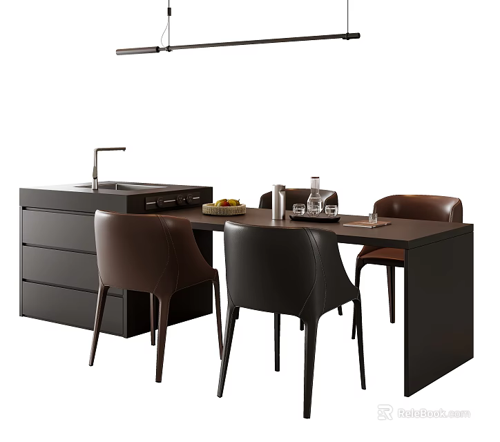 Modern Dining Table Set With Dark Cabinets Sink And Brown Chairs Interior Design 3d model 