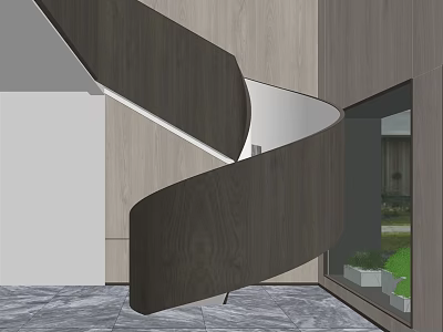 Modern Wooden Spiral Staircase With Large Window Natural Light And Marble Floor 3d model