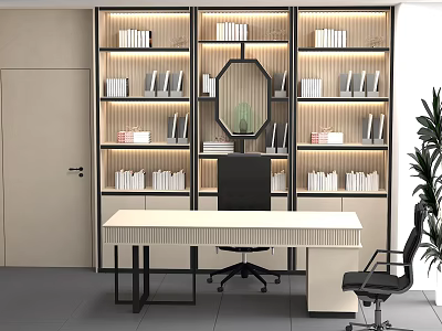 Modern Office Interior With Lit Bookshelves Desk Office Chair And Octagonal Mirror 3d model