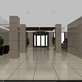 Modern Hotel Lobby Featuring Wooden Ceiling Recessed Lighting Beige Walls Reception Desk And Green Plants