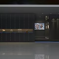 Modern Exhibition Hall with Colorful Decorative Walls Orange Sofas Circular Platform and Artworks on