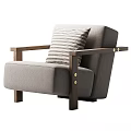 Brown Leather Armchair With Wooden Arms Metal Rivets And Striped Cushion