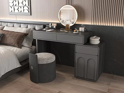 Modern Bedroom Dressing Table With Round Mirror Stool Drawers And Cabinet 3d model