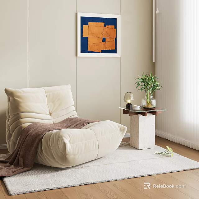 Beige Bean Bag Chair With Brown Blanket Side Table And Plant Decor On Light Rug 3d model 