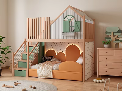 Wooden Kids Room Bunk Bed With House Shaped Top Green Windows And Orange Mattress 3d model
