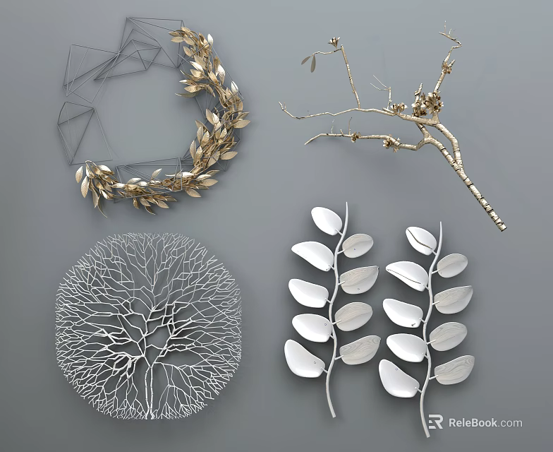Stylish Wall Decor Featuring Golden Wreath Branch And Silver Tree Leaf Designs 3d model