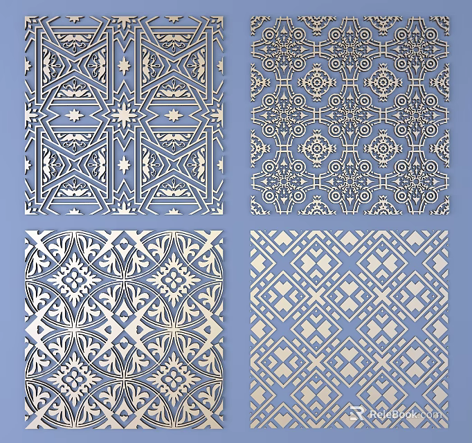 Ornate Decorative Lace Window Panels With Various Blue And White Patterns 3d model