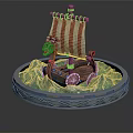 Cartoon Viking Ship With Red White Striped Sail Dragon Head Blue Waves Golden Braided Platform