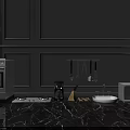 Gray Wall Kitchen Interior With Oven Gas Stove Coffee Machine And Marble Floor