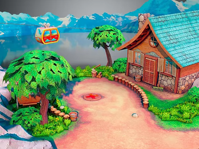 Cartoon Scene With Wooden Cabin Green Trees And Cable Car Near Mountain Lake 3d model