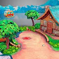 Cartoon Scene With Wooden Cabin Green Trees And Cable Car Near Mountain Lake