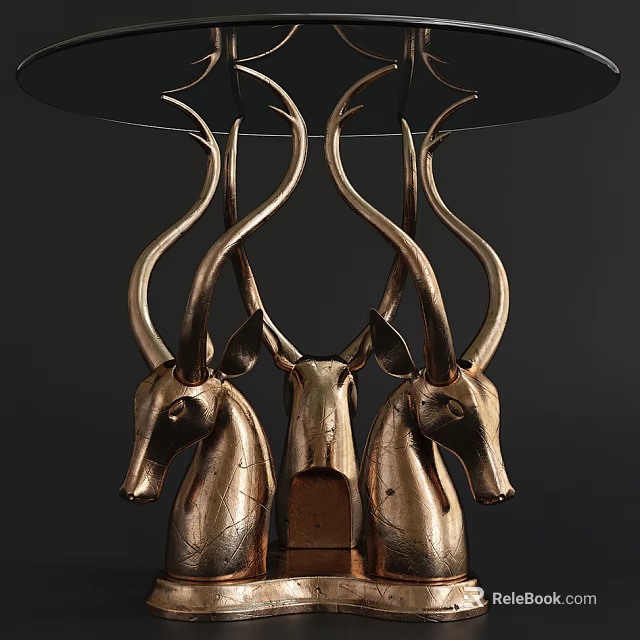 Golden Antelope Head Decorative Ornament Set With Curved Horns And Metal Base 3d model 