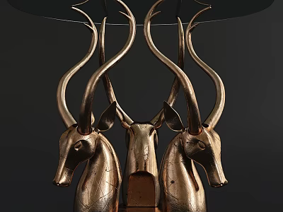 Golden Antelope Head Decorative Ornament Set With Curved Horns And Metal Base 3d model