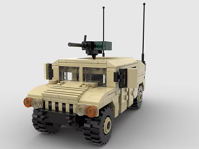 Beige Military Style Off Road Utility Vehicle With Roof Mounted Machine Gun And Antennas 3d model
