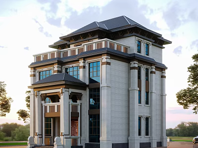 Stately Three Story Detached Villa with Stone Facade Grand Columns and Large Windows 3d model