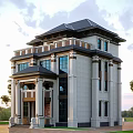 Stately Three Story Detached Villa with Stone Facade Grand Columns and Large Windows