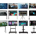 Modern TVs With Tripod And Mobile Stands Displaying Scenic Views And App Interfaces