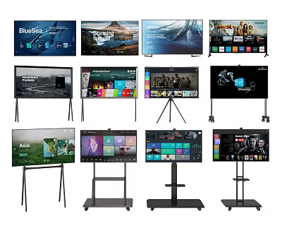 Modern TVs With Tripod And Mobile Stands Displaying Scenic Views And App Interfaces 3d model
