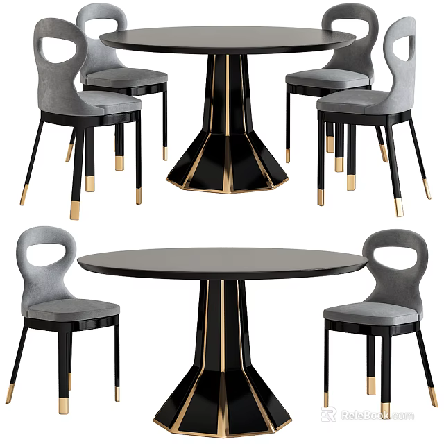 Modern Dining Table Set With Black Table Gray Chairs And Gold Accent Details 3d model