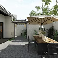Elegant New Chinese Courtyard Landscape With Cozy Outdoor Dining Spaces And Lush Green Plants